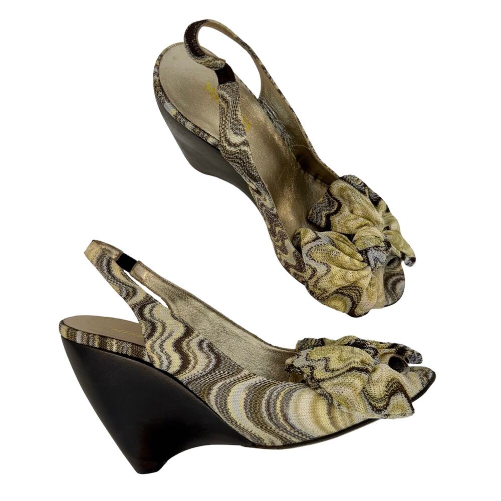 Missoni Zigzag Bow Wedges Sandals Wood Heel Made in Italy Size 37.5 (US 7.5)